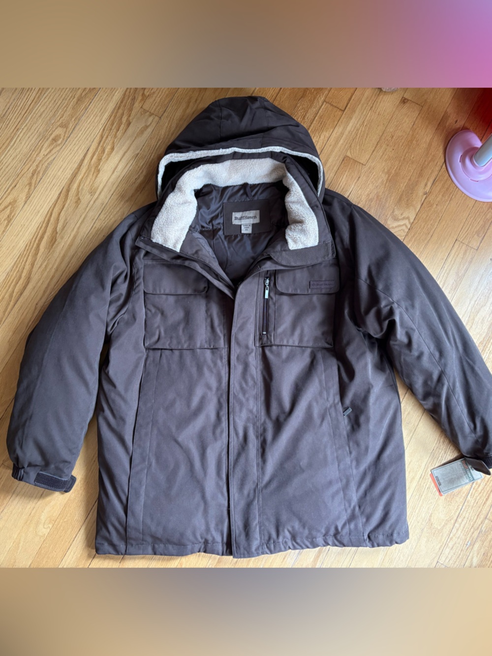 Ruff Hewn Men's Hooded Puffer Jacket in Dark Brown with Sherpa Lining